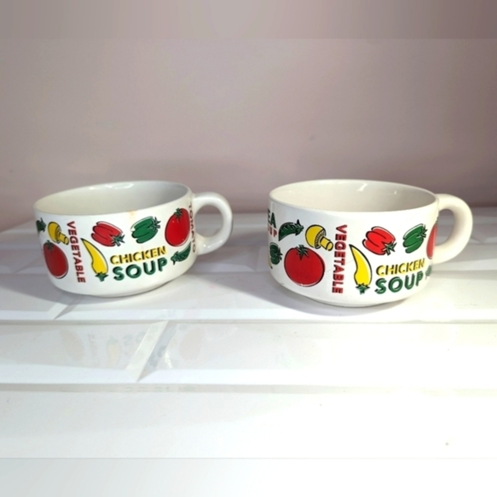 Vintage Houston Harvest Soup Bowls Mugs Stacking Pair Vegetables Set of 2 - Picture 3 of 11